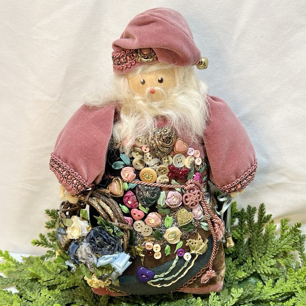 Handmade Victorian Santa Art Doll Mixed Media Crazy Quilt Velvet Buttons 10”